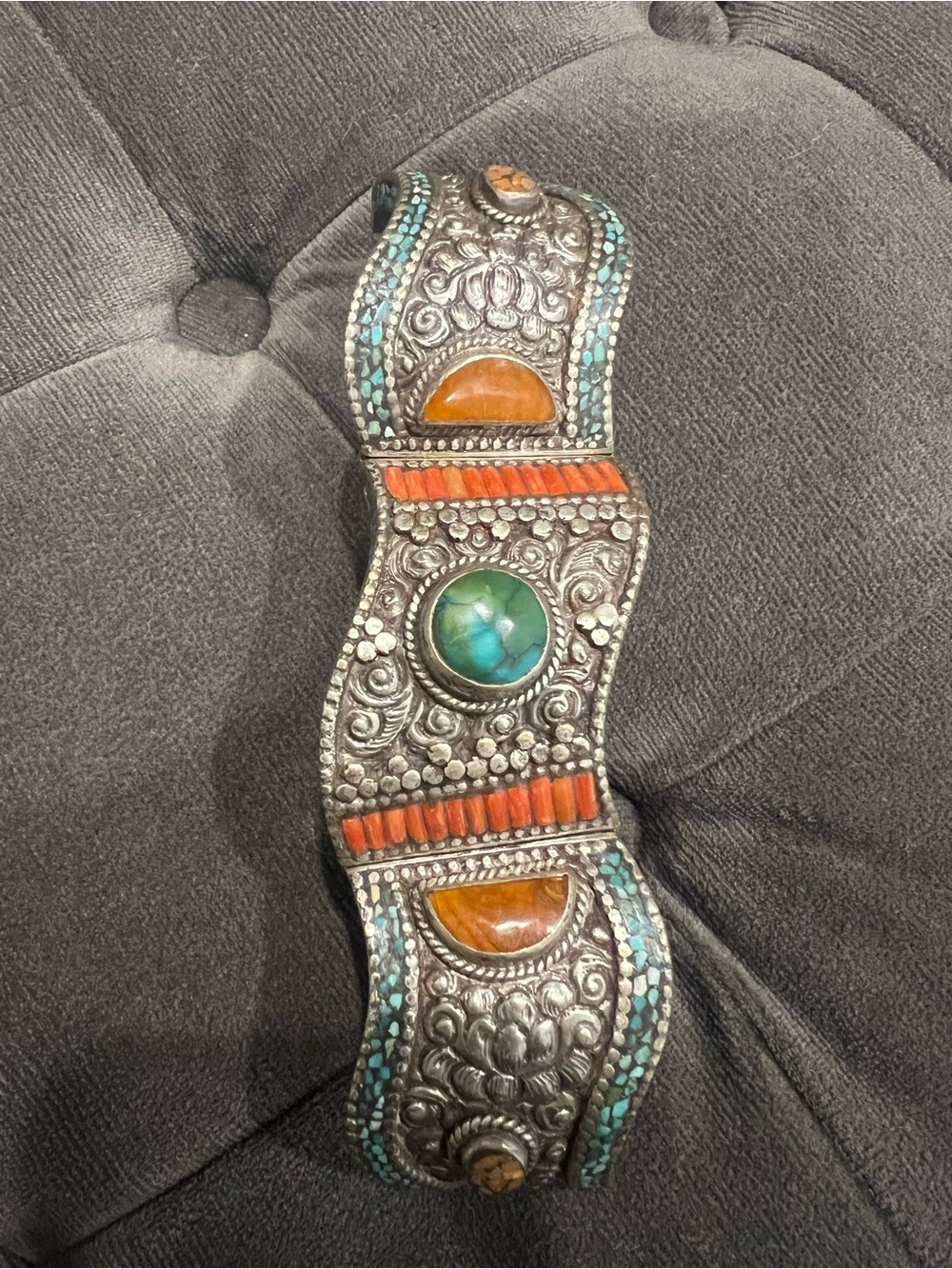 Vintage Handcrafted Tibetan Turquoise & Coral Silver Statement Bracelet